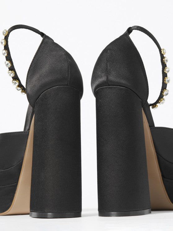 Satin Platform Chunky Heels Ankle Strap Pumps