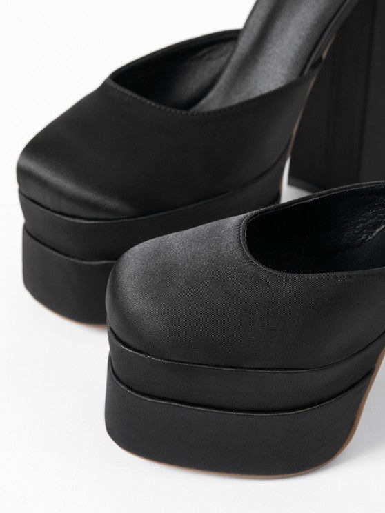 Satin Platform Chunky Heels Ankle Strap Pumps