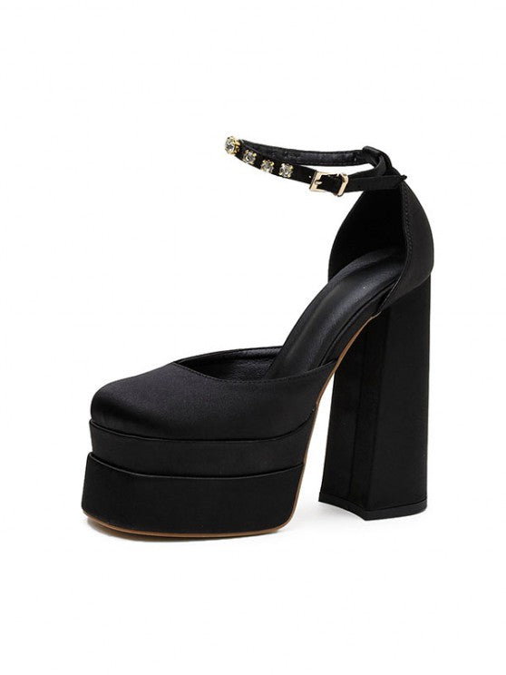 Satin Platform Chunky Heels Ankle Strap Pumps