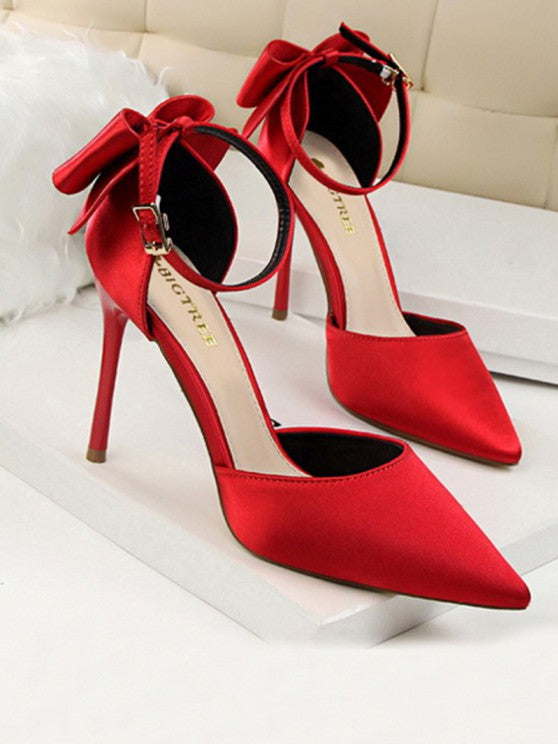 Silky Satin Bow Detail High Heeled Pointed Toe Pumps
