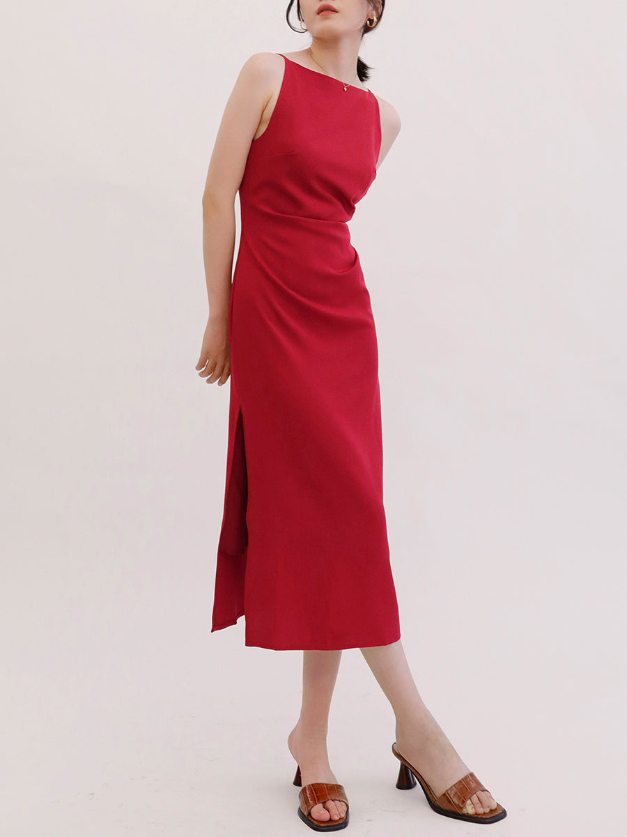 Pleated Solid Color Sleeveless Dress