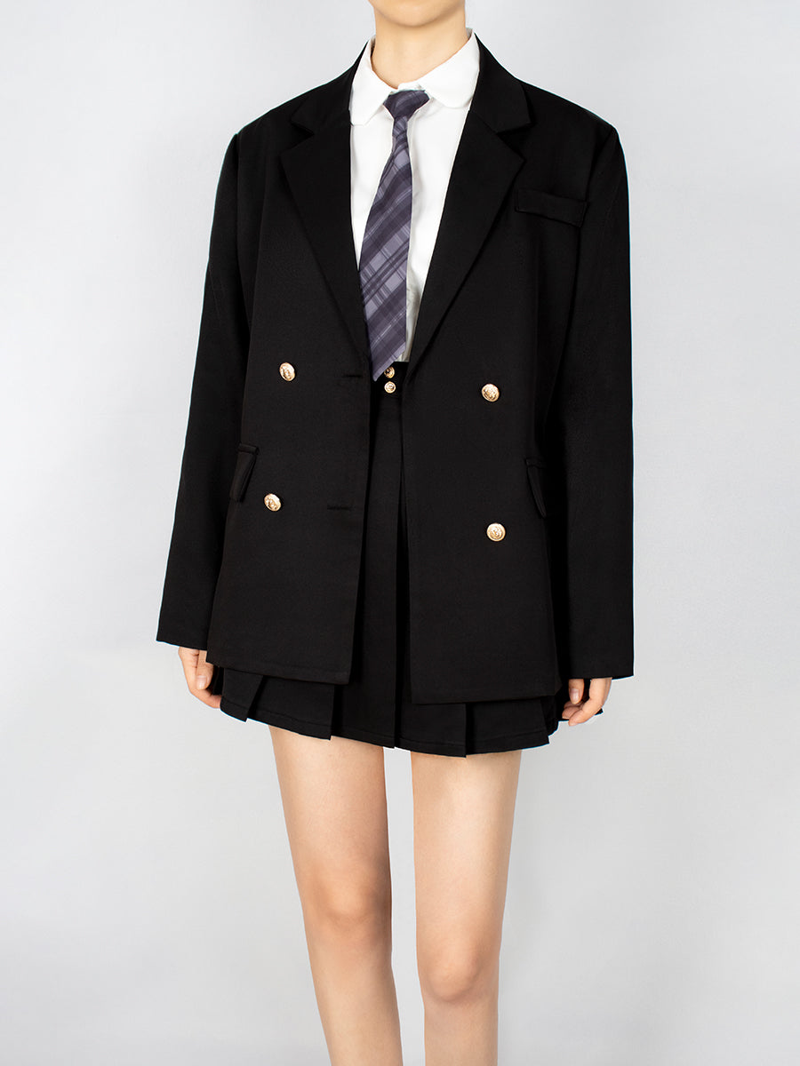 Solid Color Shirt & Skirt & Blazer with Tie Set