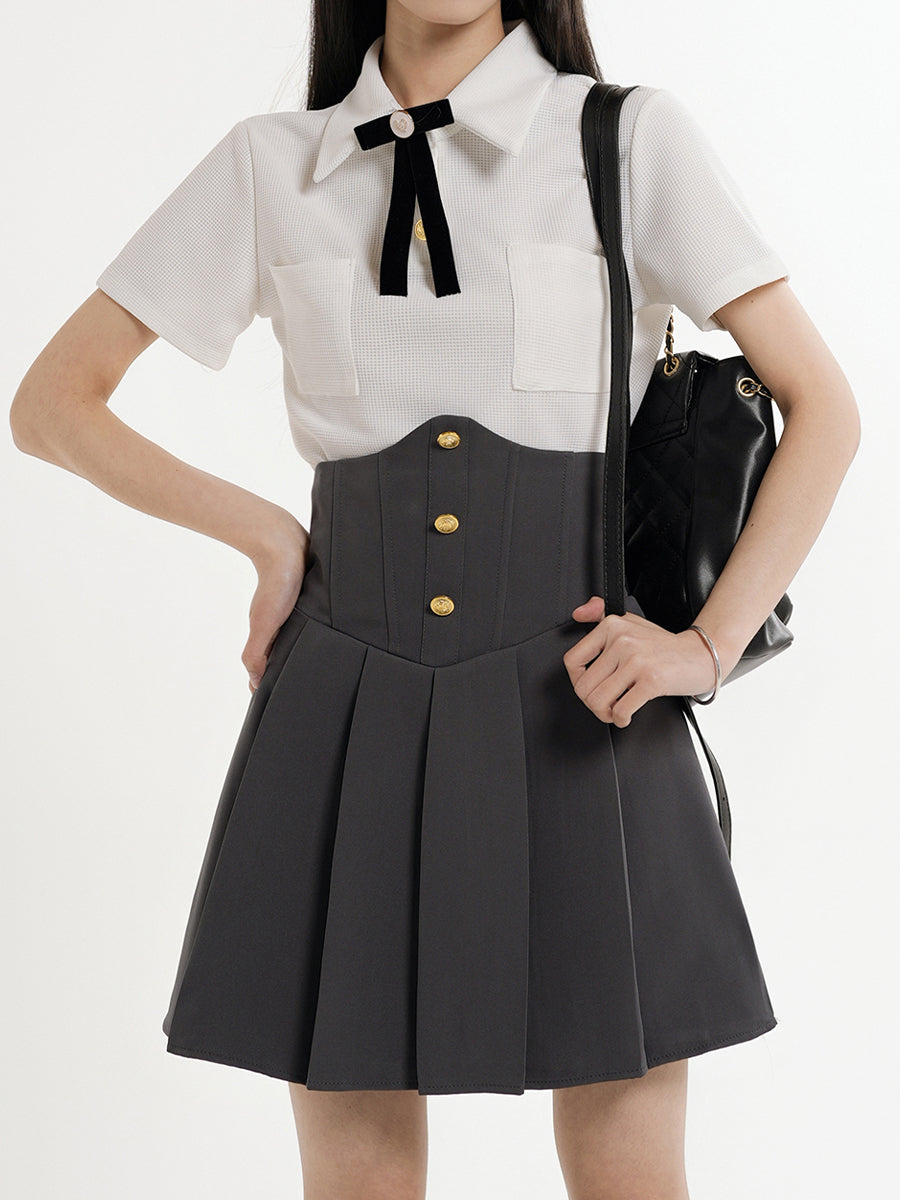 Knitted White Blouse + Corset Pleated Skirt Set