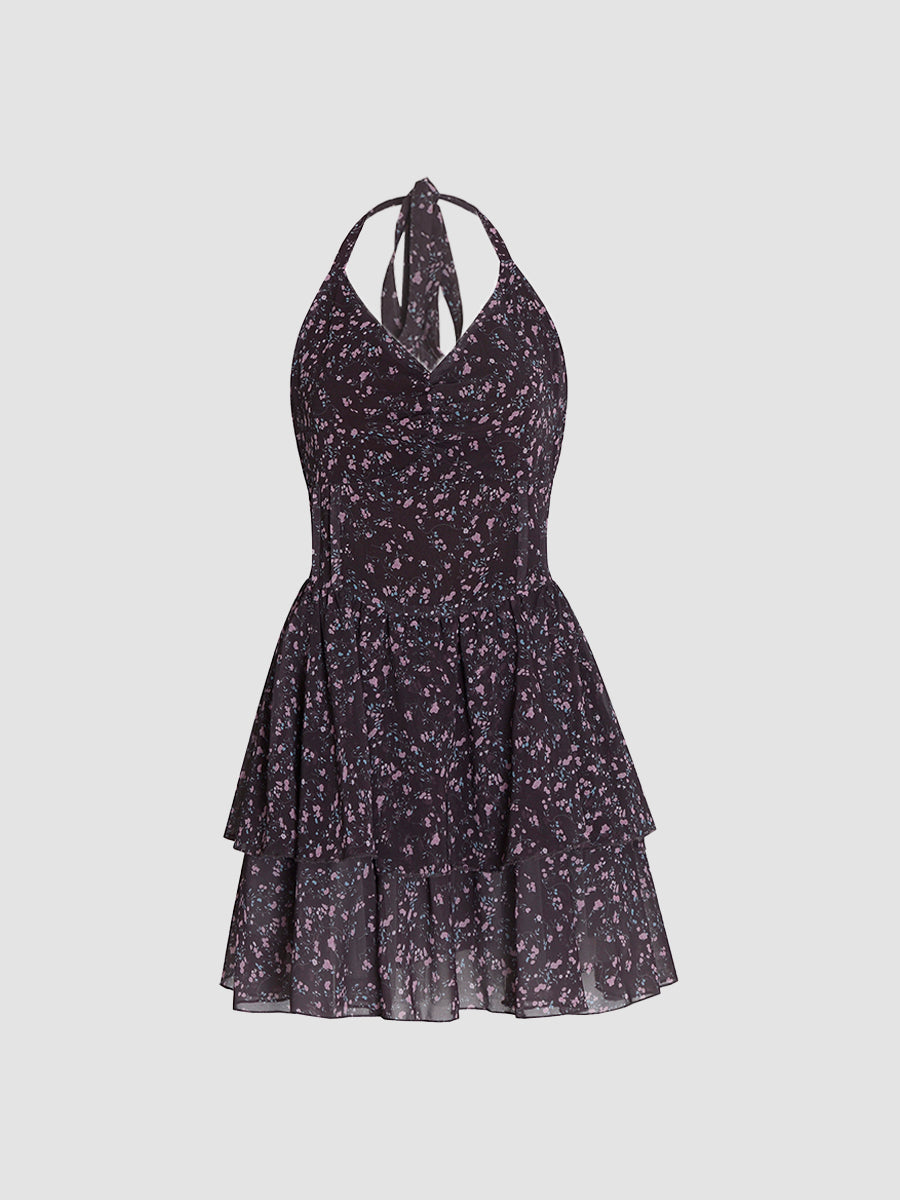 Sexy Floral Puffy Halter Dress