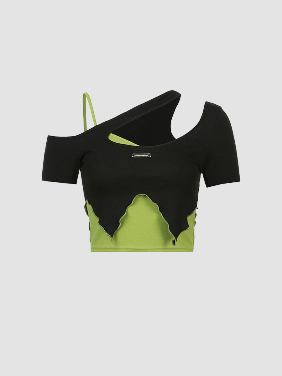 Irregular Patchwork Short Sleeve Halter Top