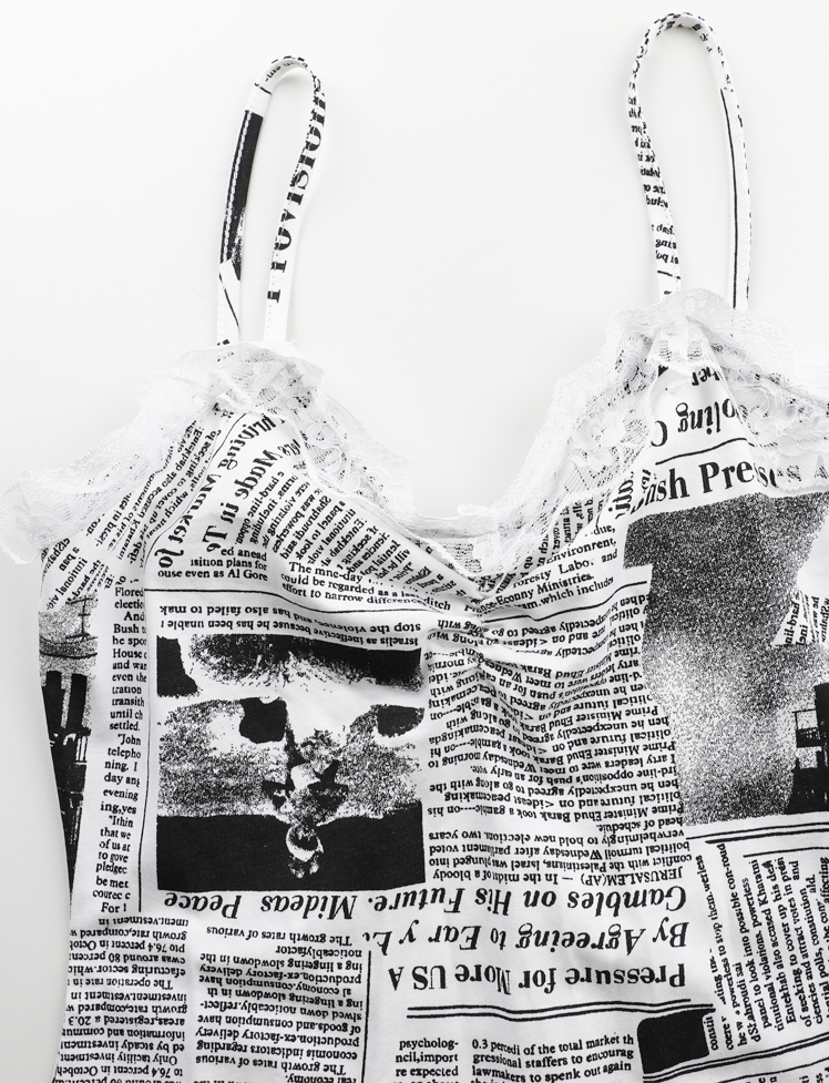 White Newspaper-print Lace-trimmed Split Dress