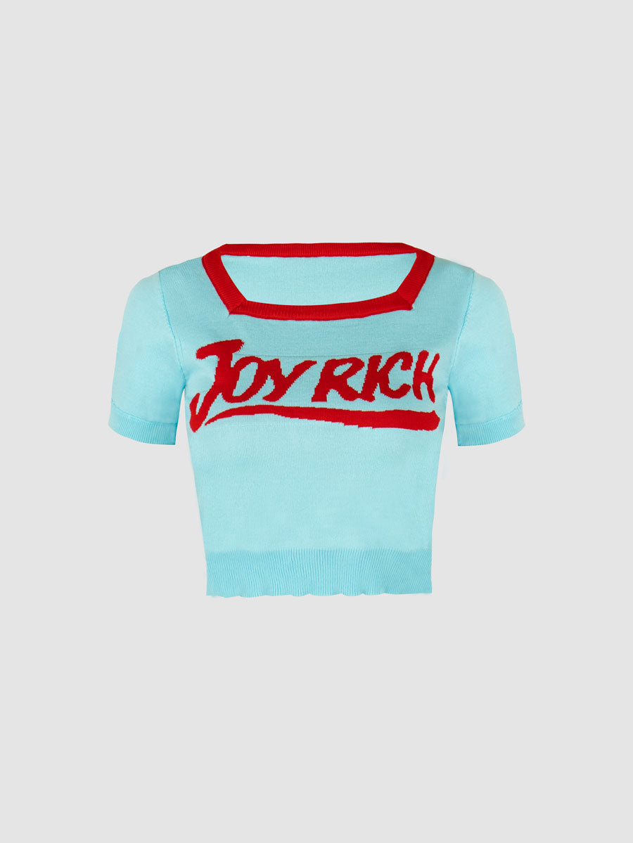 Letter Knit Square Neck Blue Short Sleeve Top