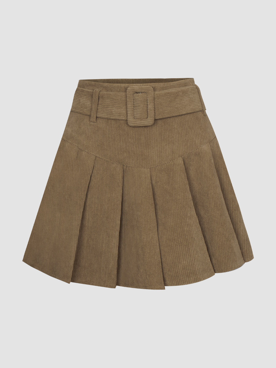 Corduroy Pleated Skirt with Belt