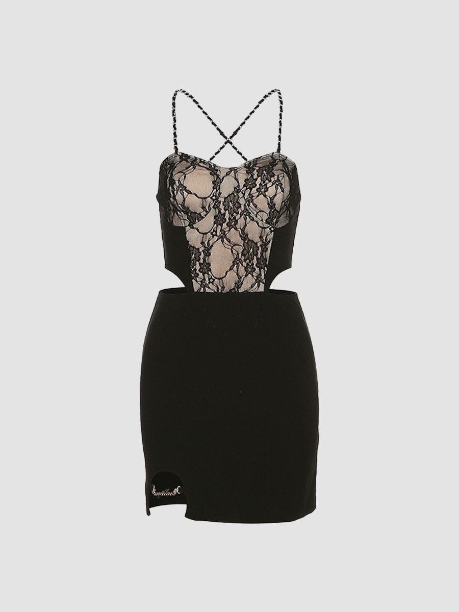 Black Lace Hollow Halter Dress