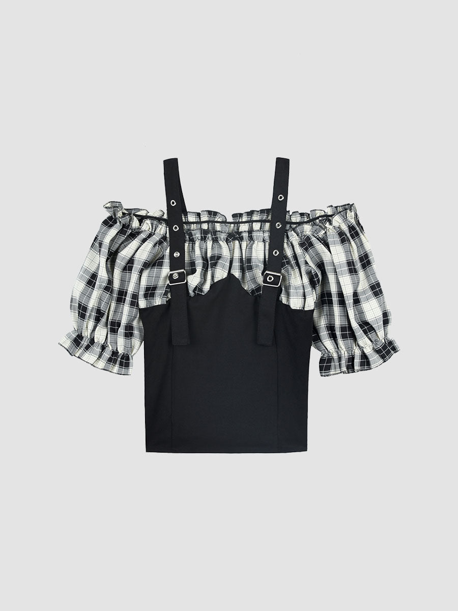 Plaid Shirt Bubble Sleeve Camisole Top