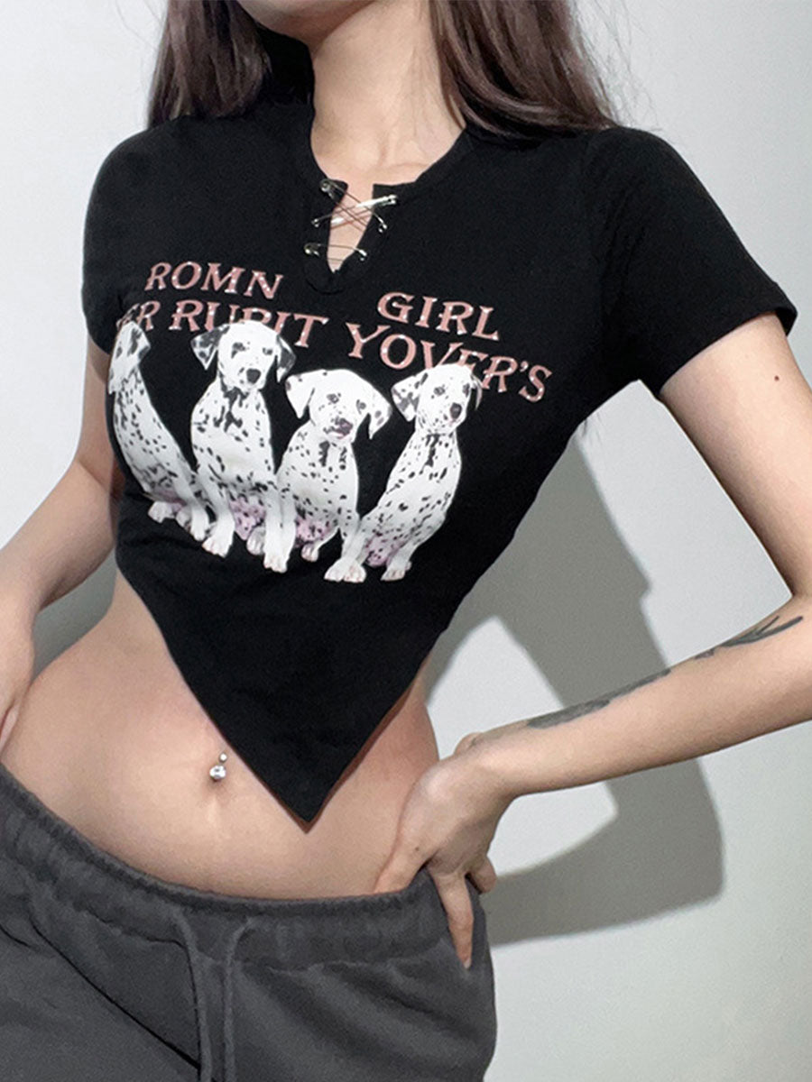 Cute Puppy Print Irregular Short Sleeves Top