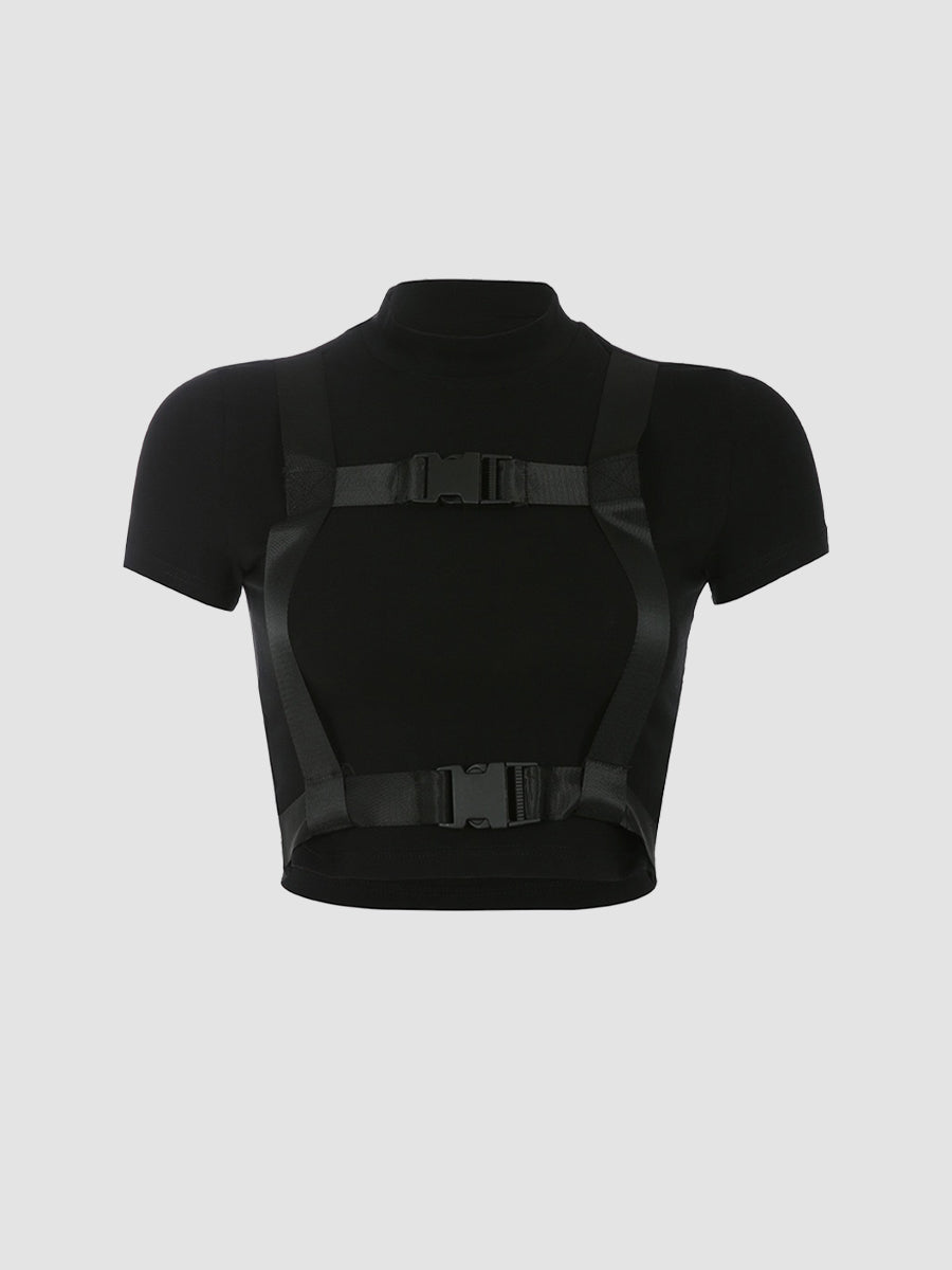 Punk Snap Button Patchwork Short Sleeve Top