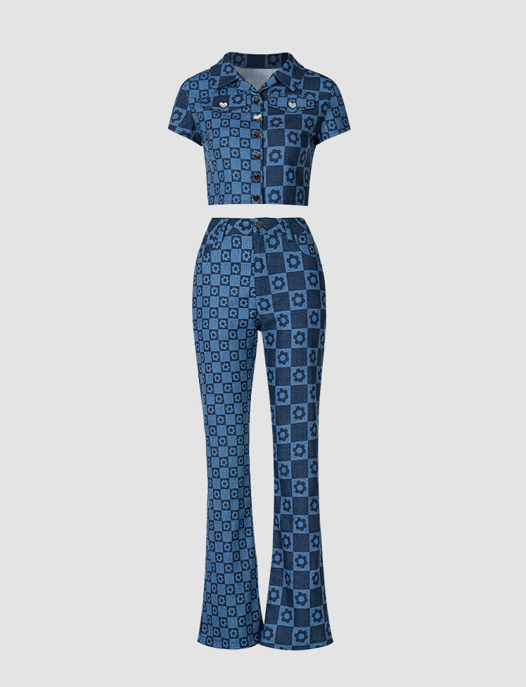Floral Plaid Top & Trouser Set