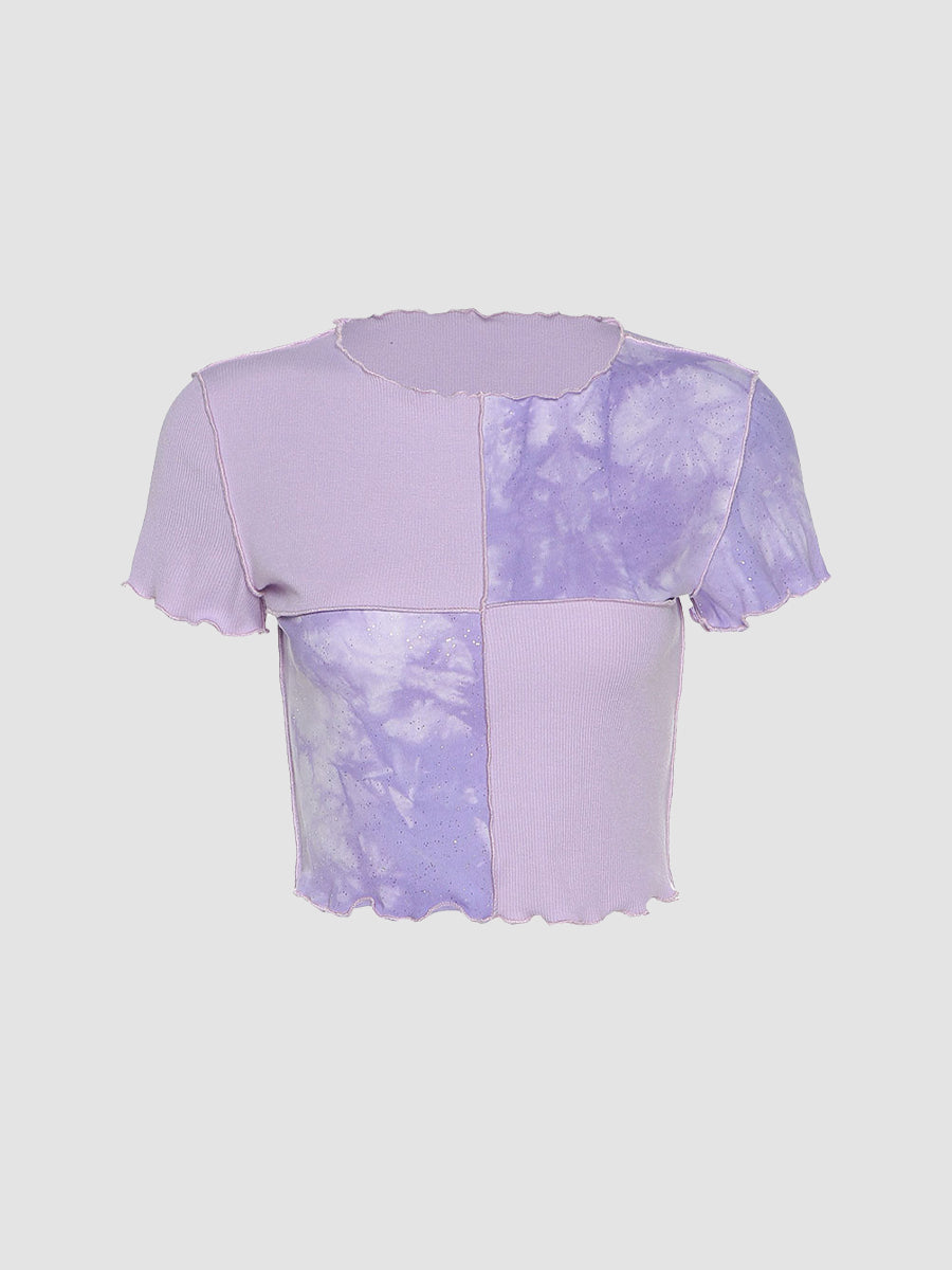 K-pop Tie Dye Cropped Frill Short Sleeve Tops
