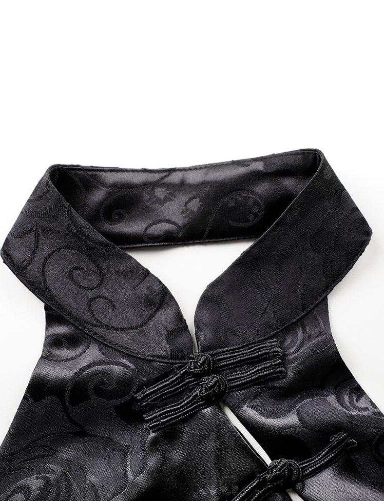Black embroidered halterneck top with buckle