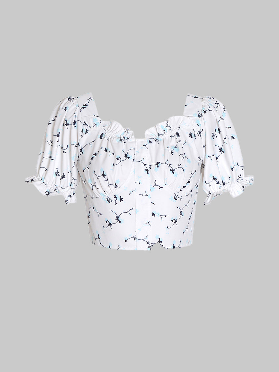Blue Floral Puff Sleeve Top