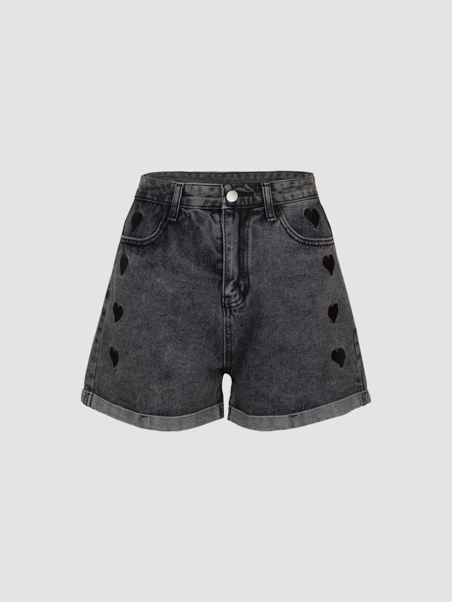 Love Embroidery Denim Shorts Pants