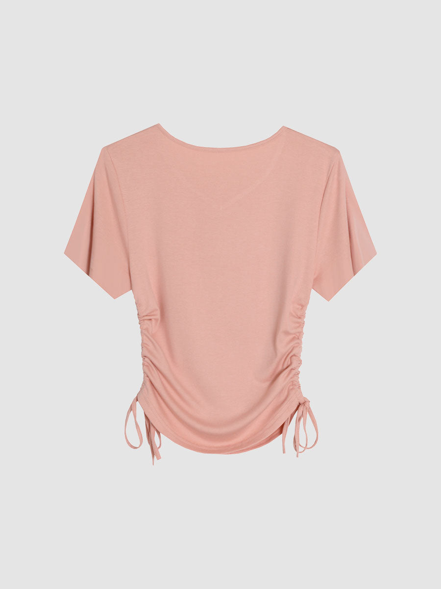 Solid Color V-neck Drawstring Top
