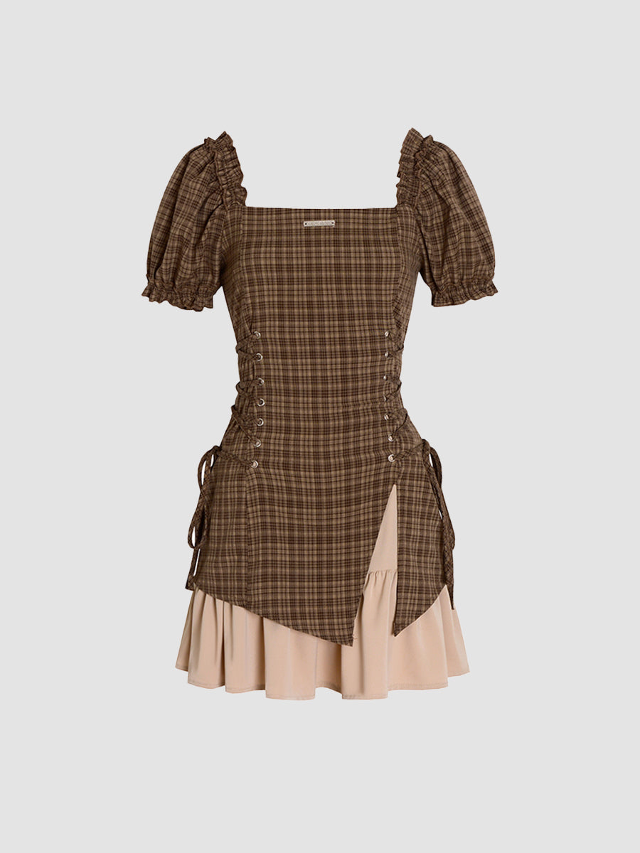 Curry Plaid Stitching Straps Bubble Sleeve Dress