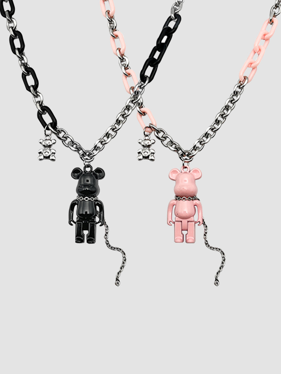 Black Pink Chain Bear Necklace