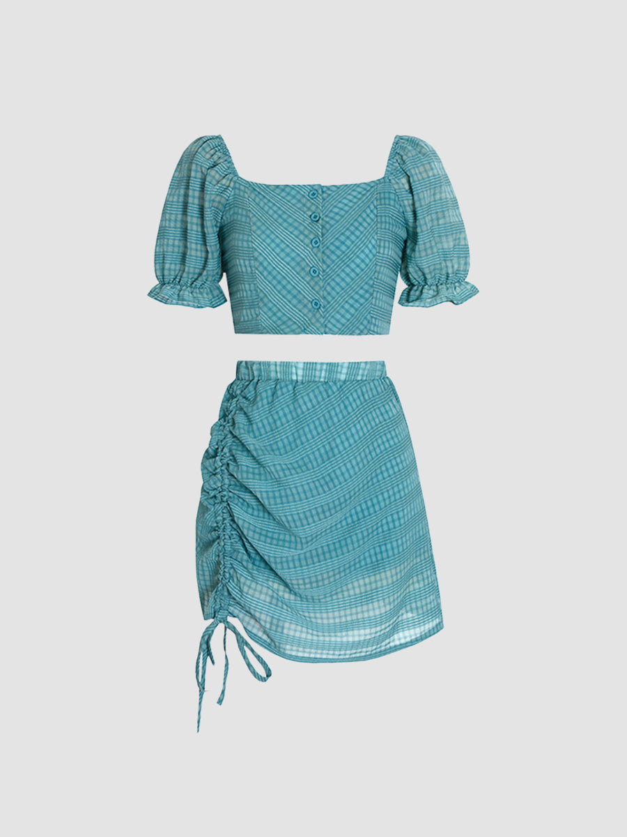Green Chiffon Bubble Sleeve Top&Drawstring Skirt Set
