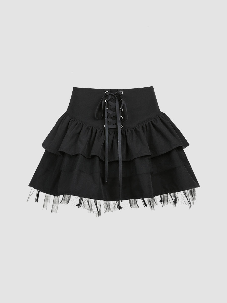 Lacing Lace Puffy Skirt Black Skirt