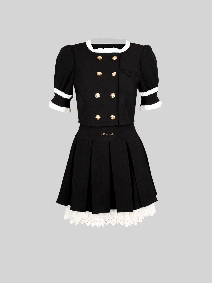 Black JK Double Breasted Short Sleeve Top&Pleated Skirt
