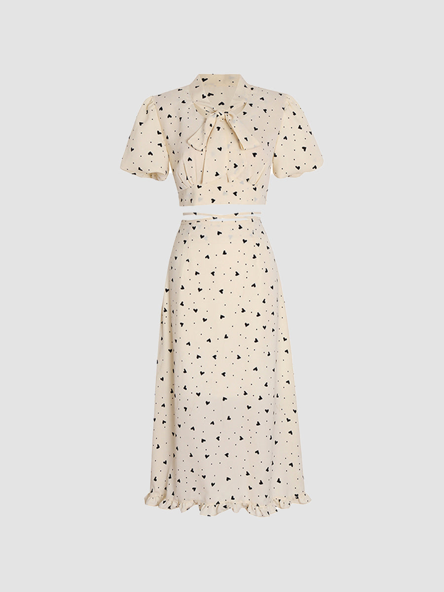 Retro High Waisted Bow Top+love Print Midi Skirt Set