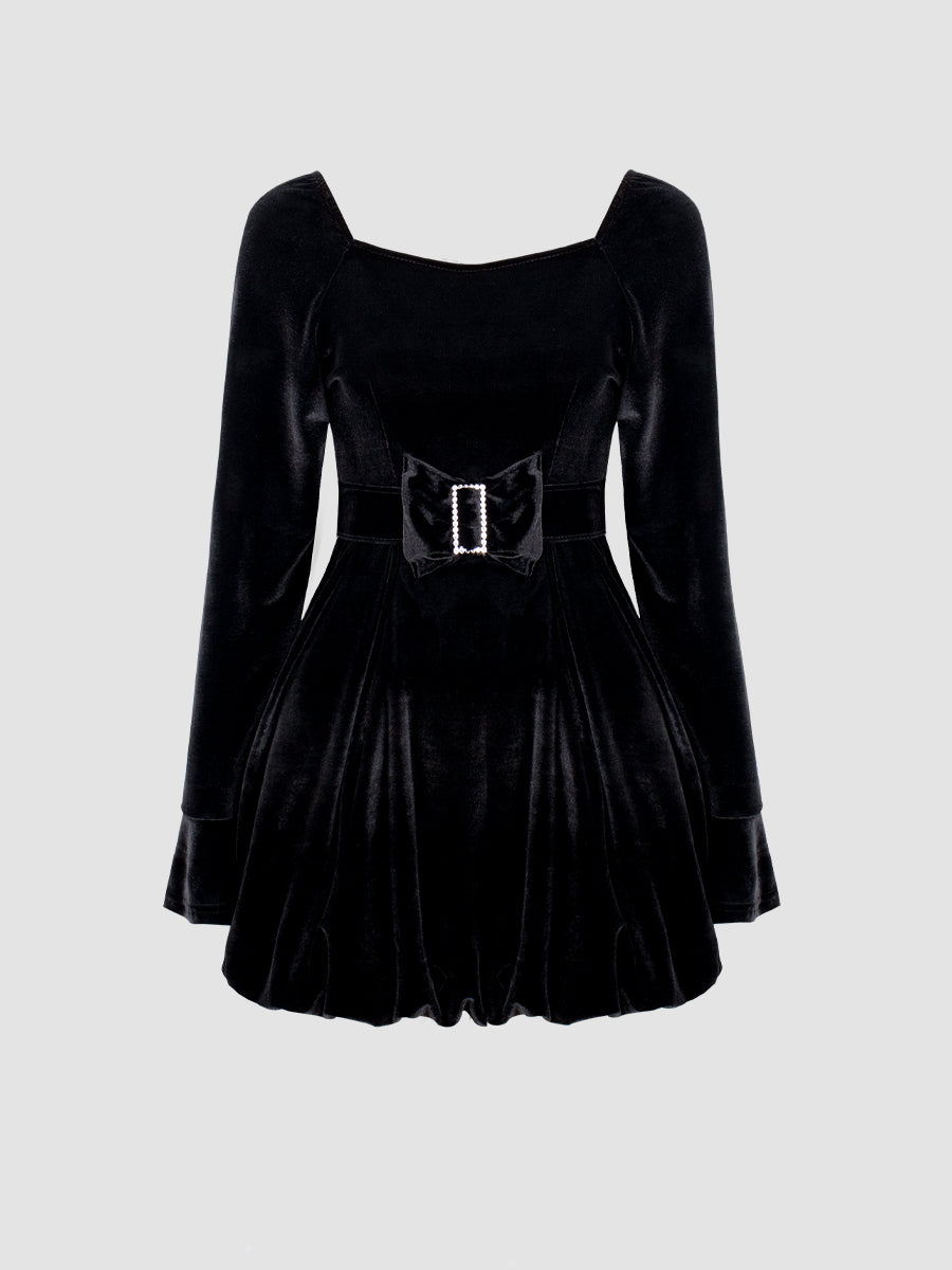 Velvet Long Sleeve Dress with Belt
