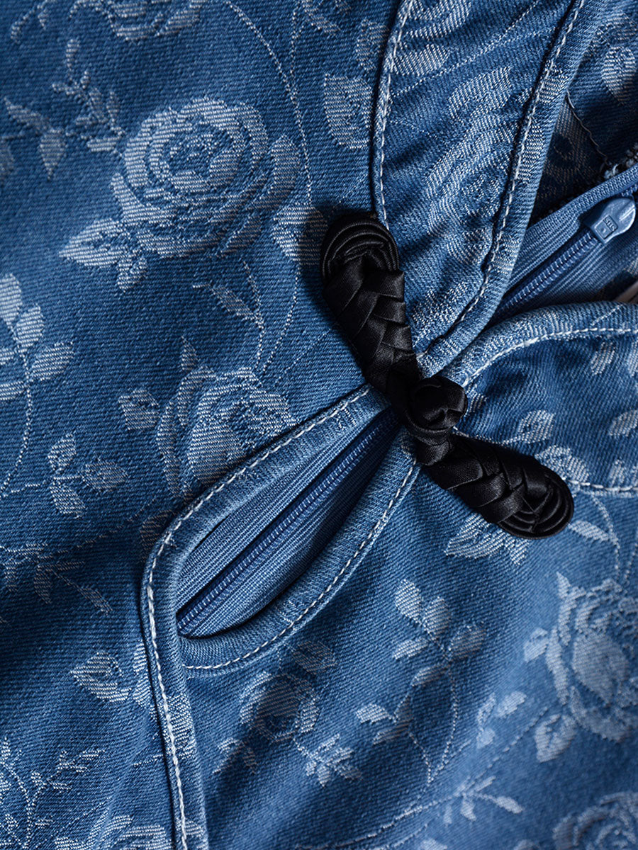 Rose Print Denim Cheongsam Dress