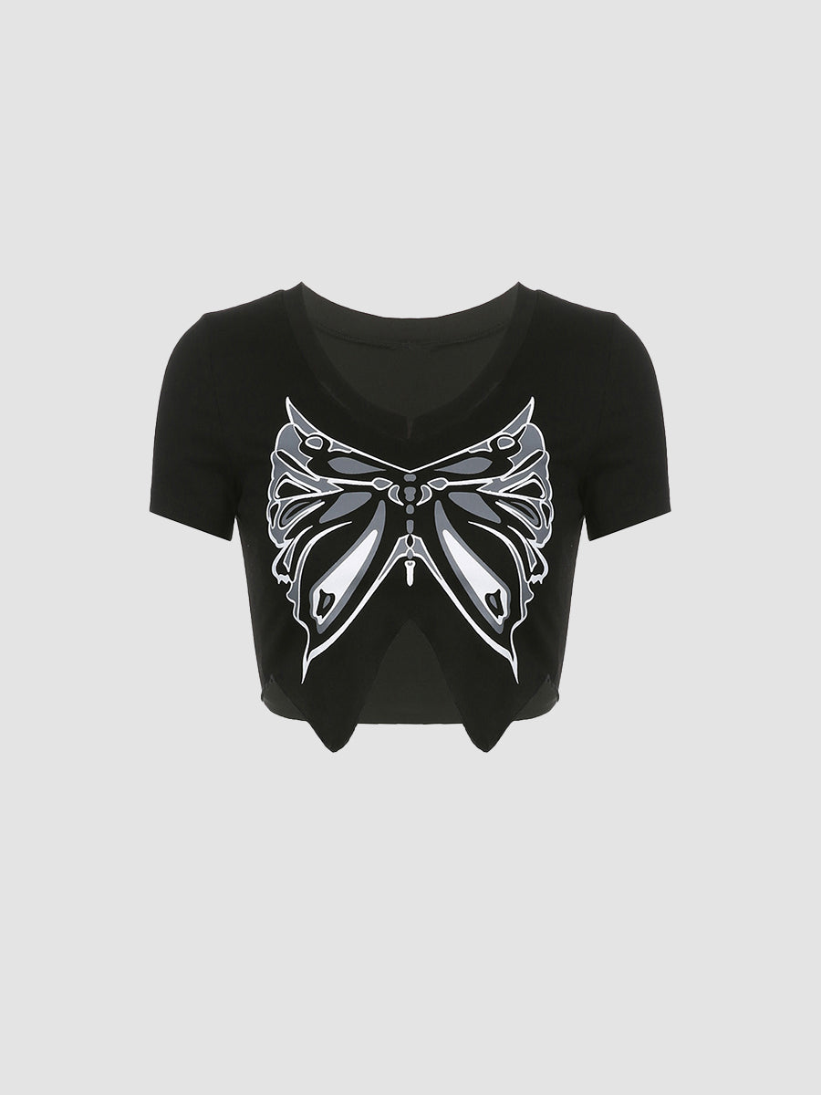 Black Butterfly Irregular Crop Top