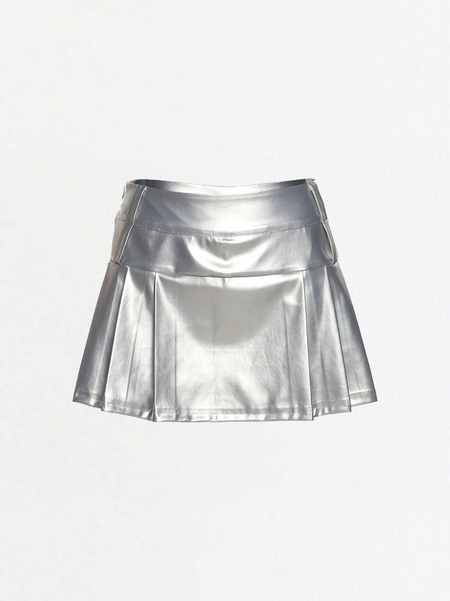 Silver PU Leather Pleated Skirt