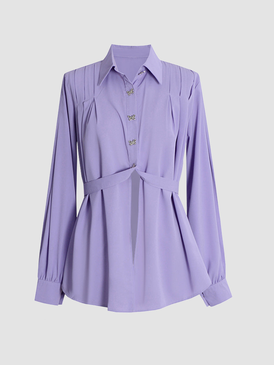 Pinch Pleat Split Shirt Top with Belt