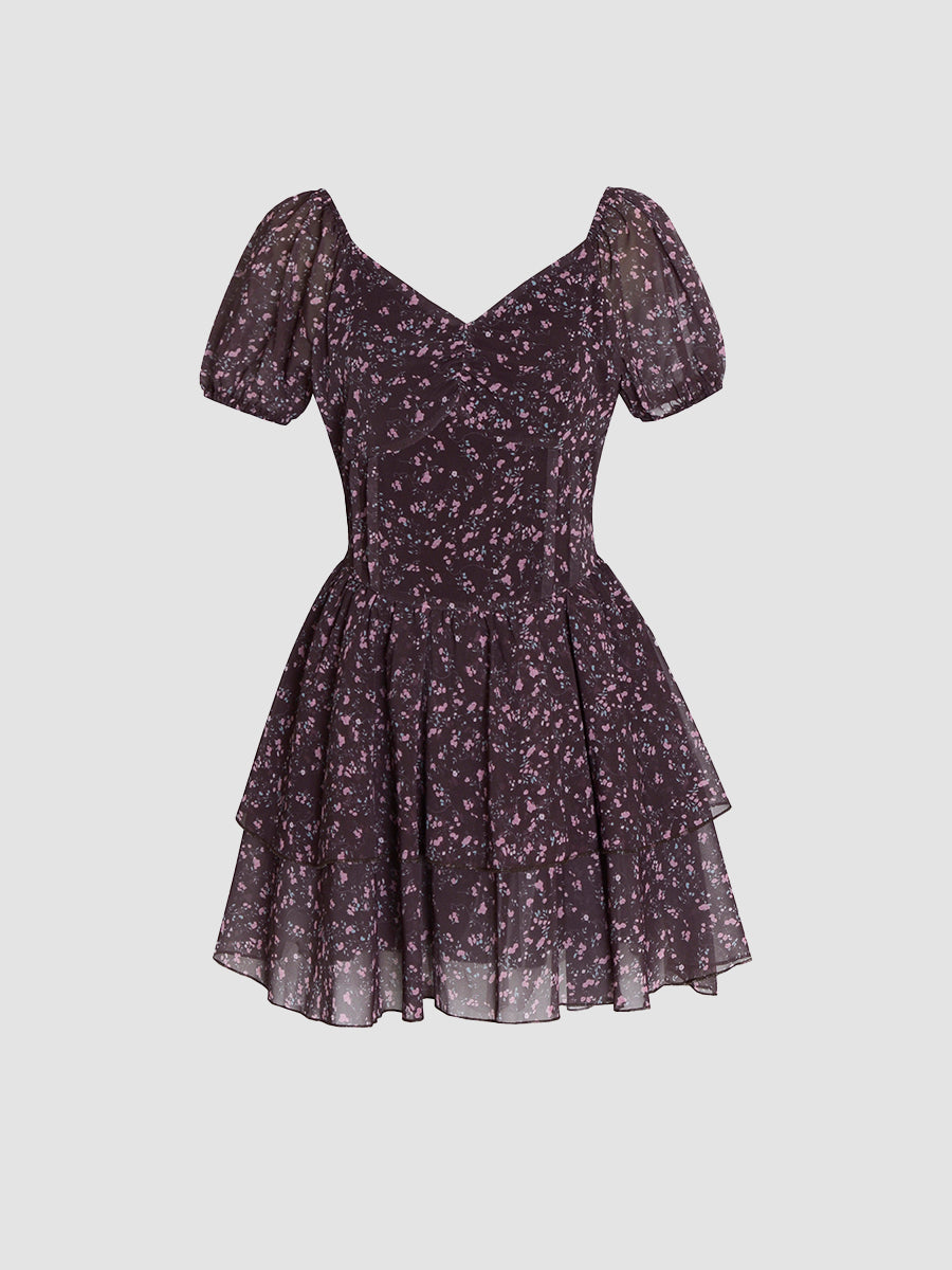 Sexy Floral Bubble Sleeve Cake Dress