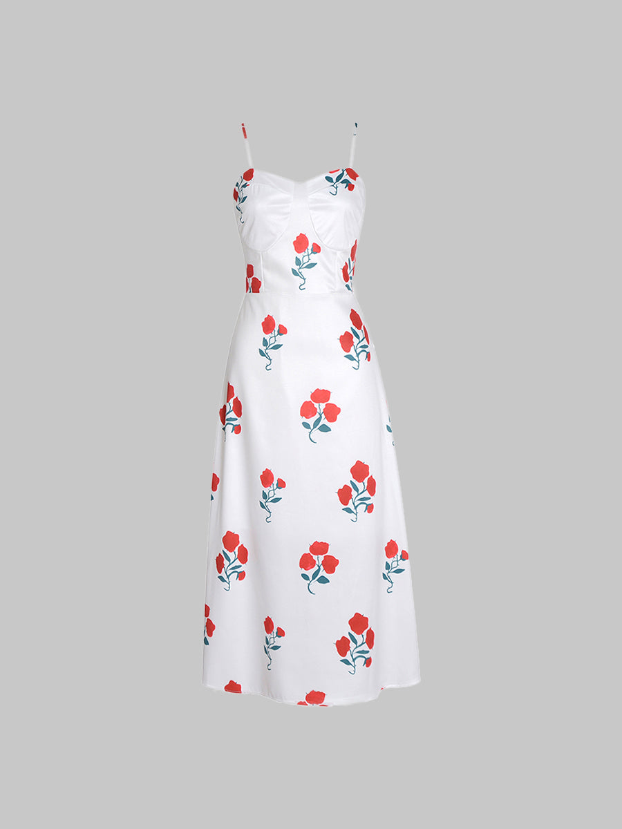 White&Red Vintage Rose Floral Dress