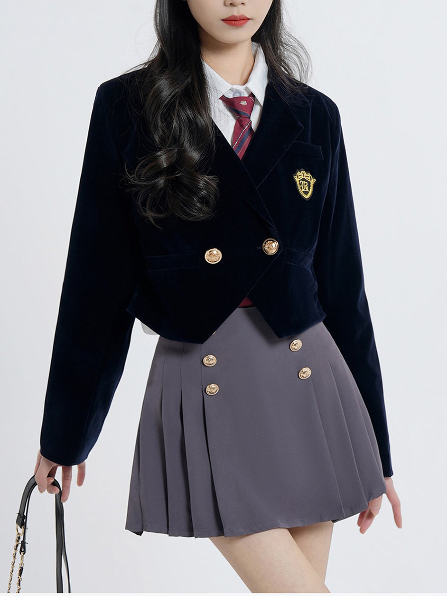 Badge Short Blazer + White Shirt + Skirt Three Piece Set