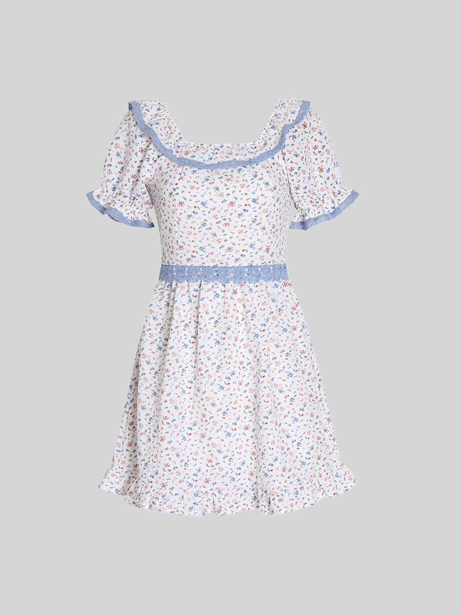 Sweet Girl Pastoral Style Floral Bubble Sleeve Dress