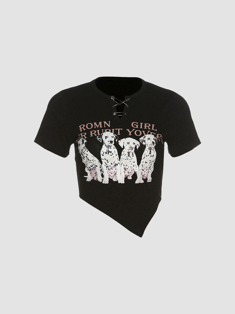 Cute Puppy Print Irregular Short Sleeves Top