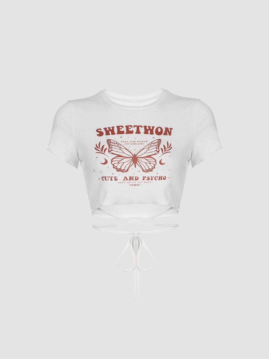 Butterfly Print Short Hollow Lacing Top