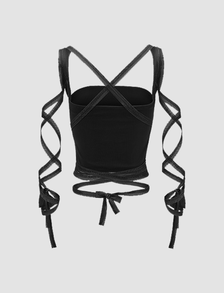 Lace-up Sleeve Mesh Cami Top