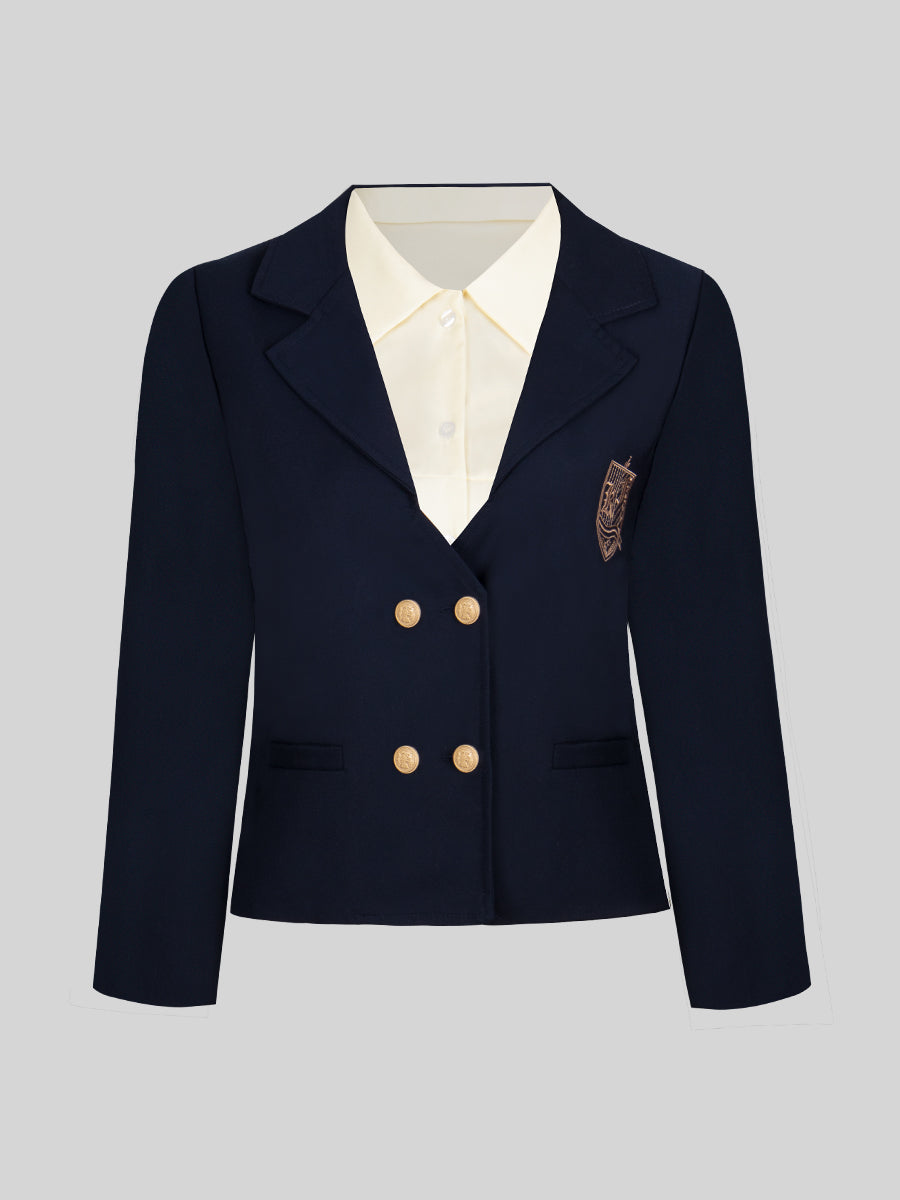 Embroidered Blazer Short Jacket + Pleated Skirt + Apricot Blouse Three Piece Set