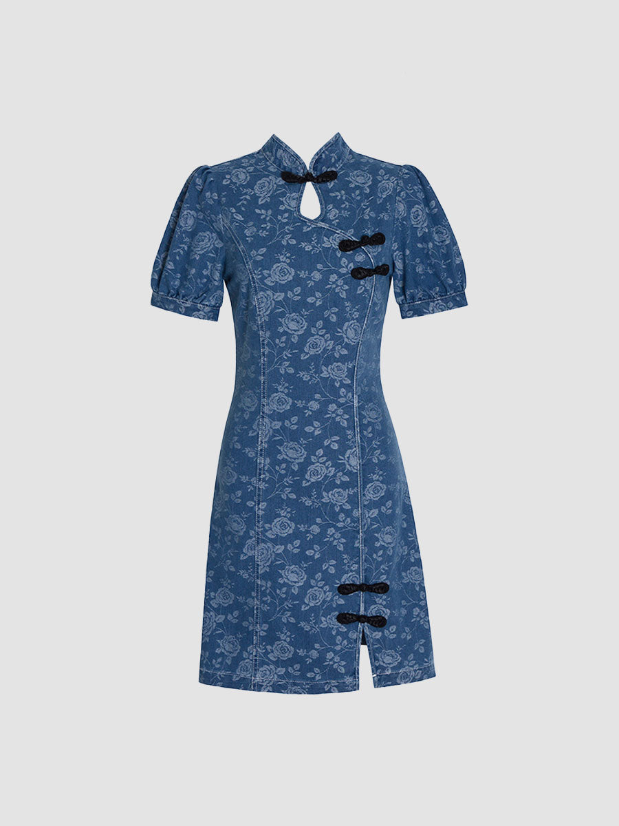 Rose Print Denim Cheongsam Dress