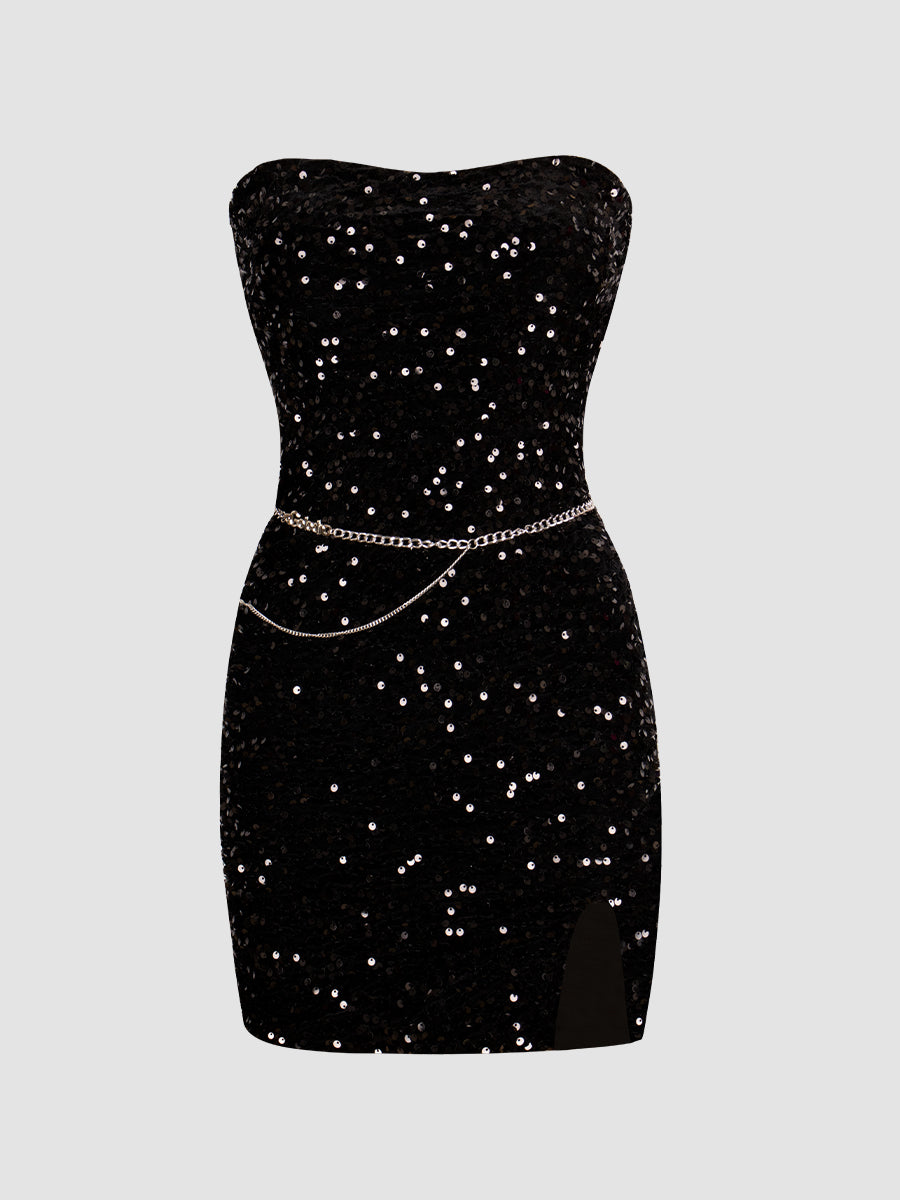 Black Sequin Party Dress with Chain