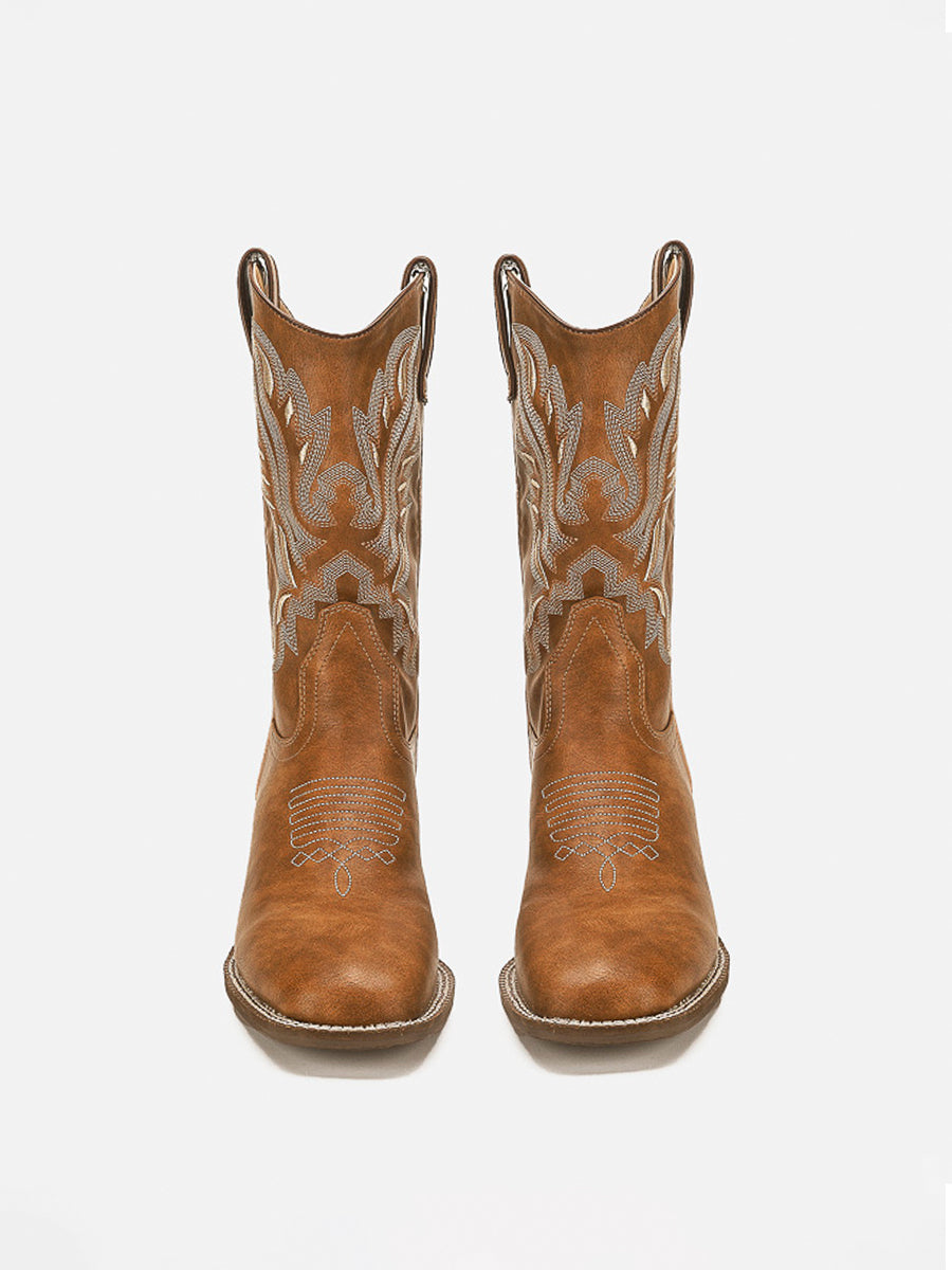 Brown Stitching Embroidered Butterfly Boots