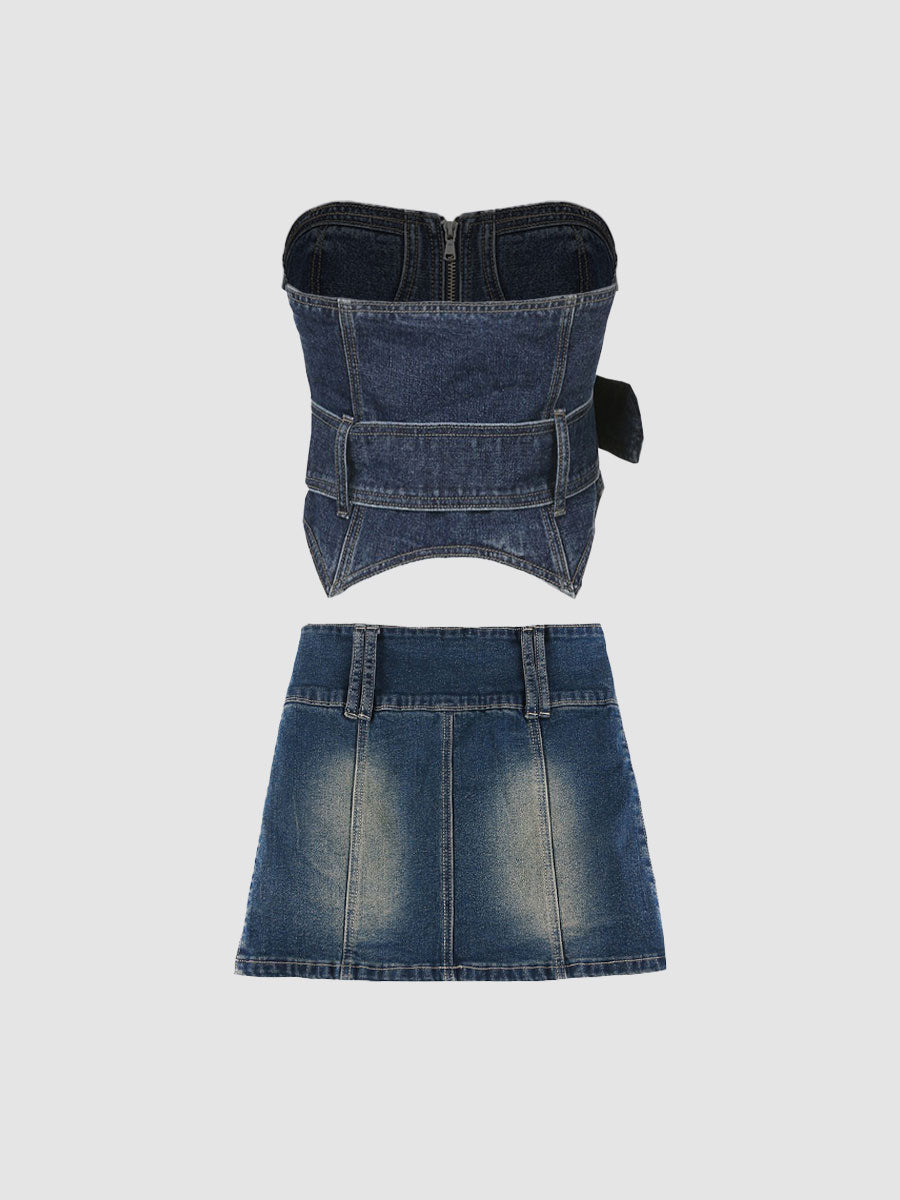 Denim Undershirt Top&Hip Skirt Two Pieces Set