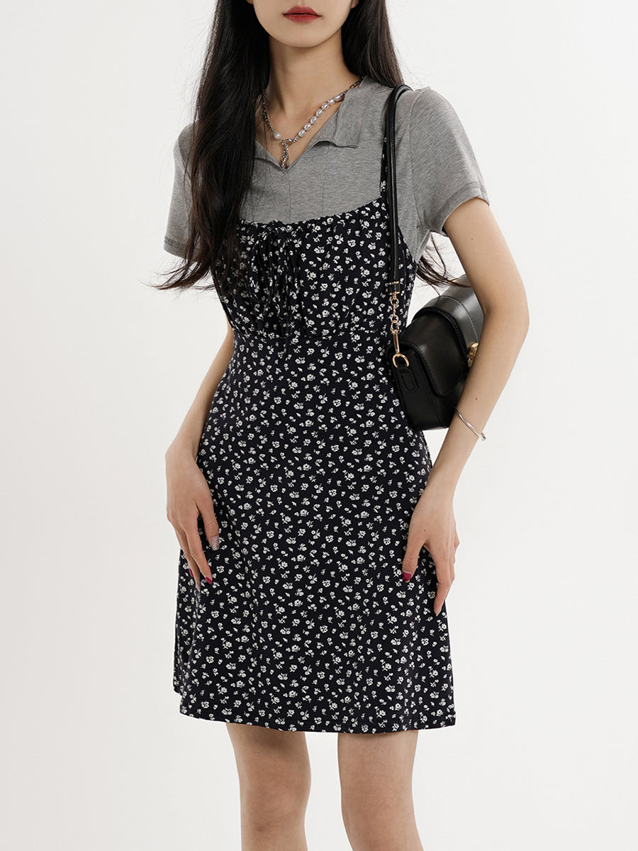 Gray Cotton Top + Floral Suspender Skirt Set