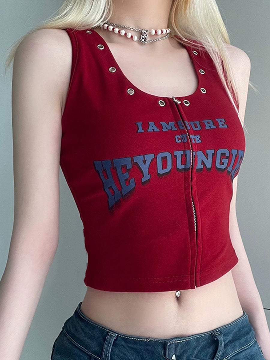 Vintage Letter Zipper Tank Top