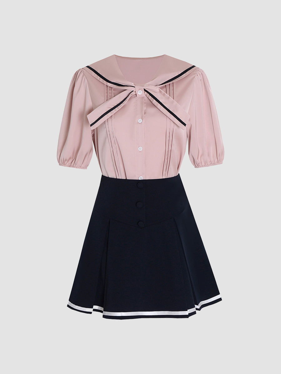 Pink Navy Collar Top &Pleated Skirt Set