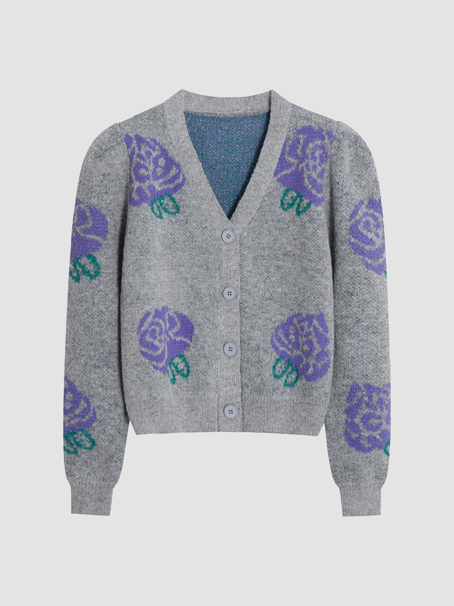 Purple Floral Knitted Cardigan