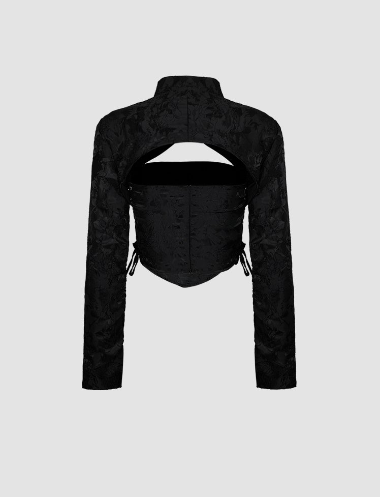 Black Straps Lace Tube Top&Stand Collar Waistcoat Two Piece Set